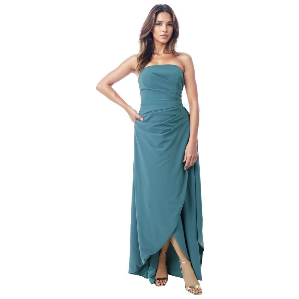 RENE RUIZ COLLECTION HAND DRAPED STRAPLESS CREPE GOWN IN TEAL SIZE 12 $1595